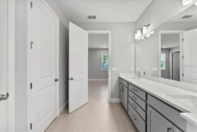 a bathroom with a double vanity sink a mirror and a shower