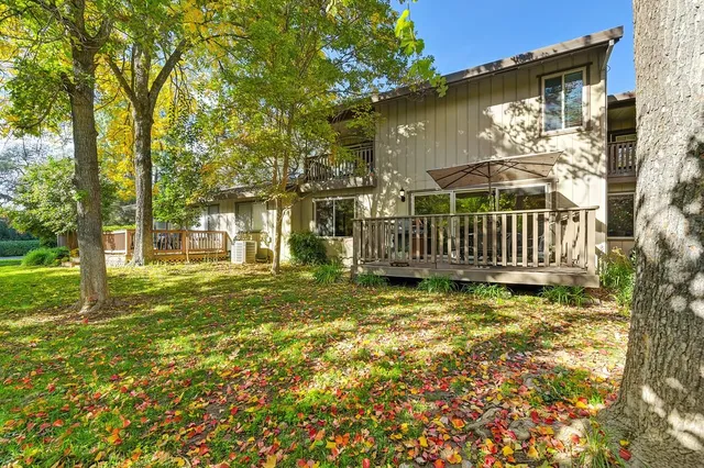 a view of swimming pool with large trees and a small yard