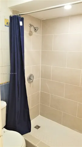 a bathroom with a shower and a toilet
