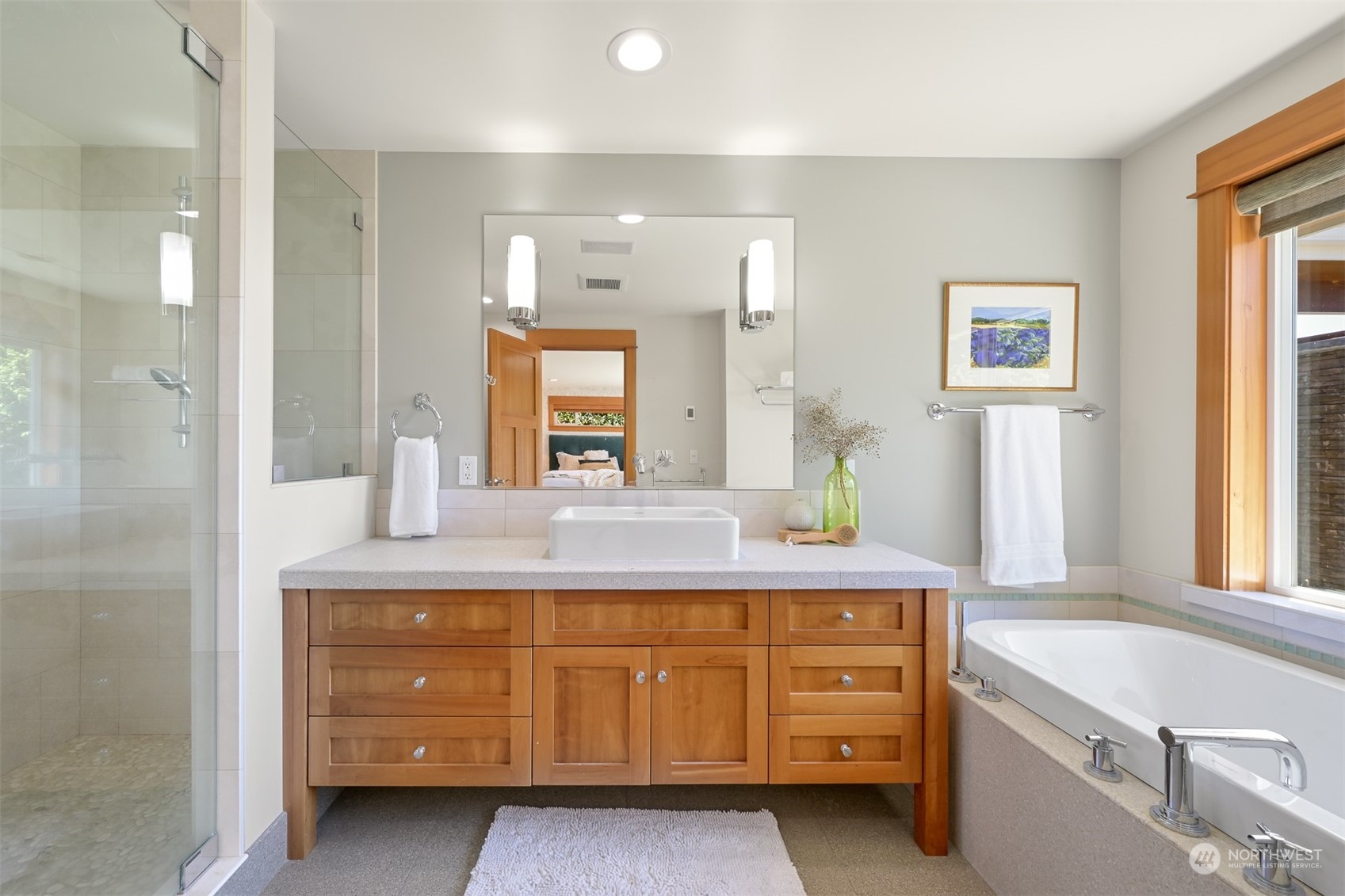 516 Briar Road Bellingham, WA 98225 - Photo 29 of 39 a bathroom with a granite countertop sink mirror and a
