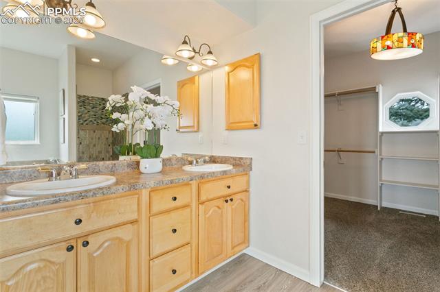 13775 Woodlake Road Elbert, CO 80106 - Photo 21 of 44 Full bathroom featuring double vanity, wood finished floors, a shower, and a walk in closet
