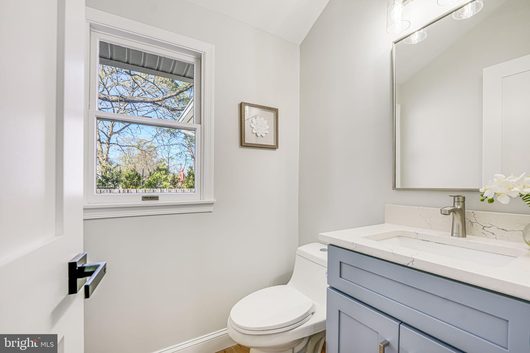 3620 Hill Street Fairfax, VA 22030 - Photo 36 of 71 a bathroom with a granite countertop toilet a sink and a mirror