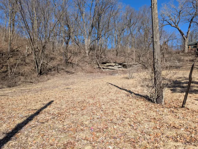 a view of a yard with wooden fence
