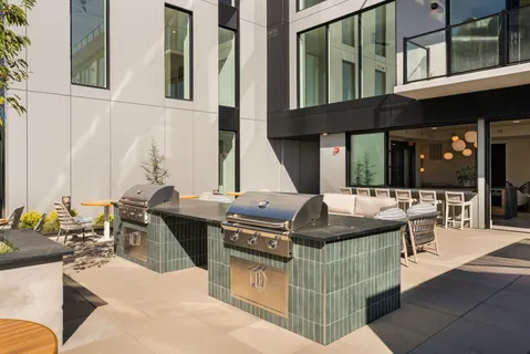 a view of a patio with couches chairs and a potted plant on a table