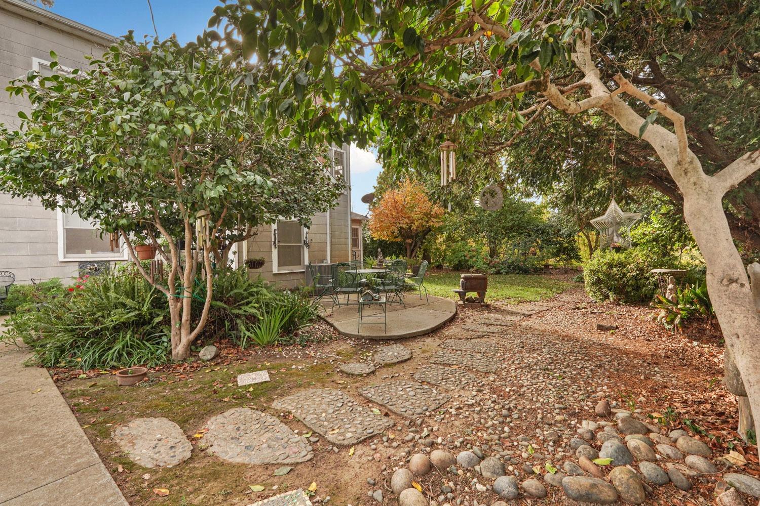 39670 South River Road Clarksburg, CA 95612 - Photo 49 of 85 a view of a backyard with table and chairs plants and large trees