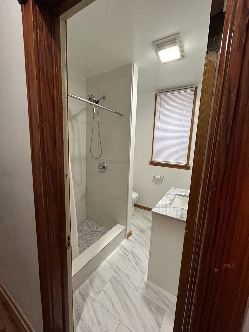 2624 West Walton Street, Unit 1 Chicago, IL 60622 - Photo 17 of 23 a bathroom with a sink a mirror and shower