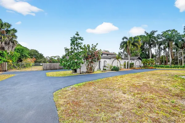 a view of swimming pool with a yard and palm trees