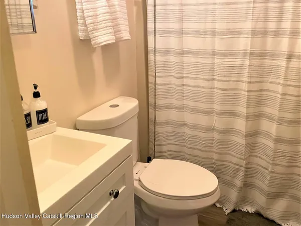 a bathroom with a sink a toilet and shower curtain