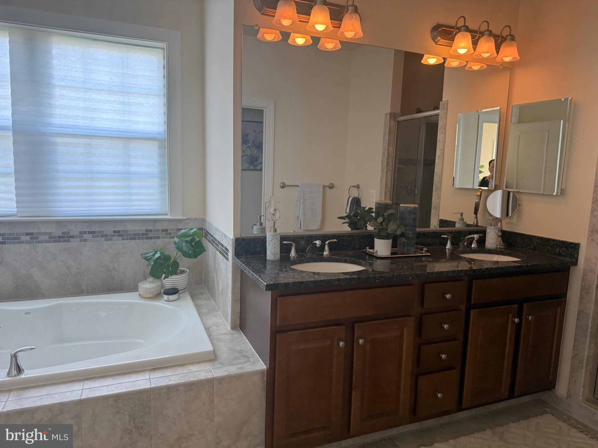 22403 Newcut Road Clarksburg, MD 20871 - Photo 73 of 78 a bathroom with a bathtub a double vanity sink and a mirror