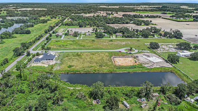 an aerial view of a residential houses with outdoor space and trees