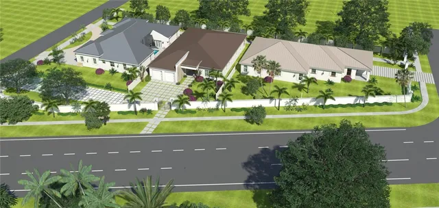 an aerial view of a house with a garden and a yard