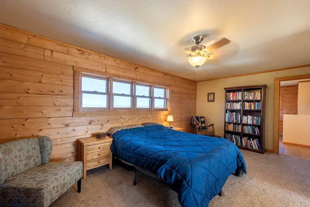 a bedroom with a bed furniture and a book shelf