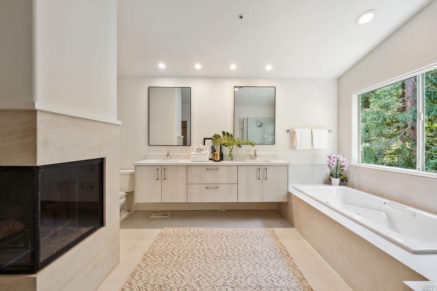2 Spring Hill Circle Sausalito, CA 94965 - Photo 38 of 57 a bathroom with a double vanity sink a mirror and a bathtub