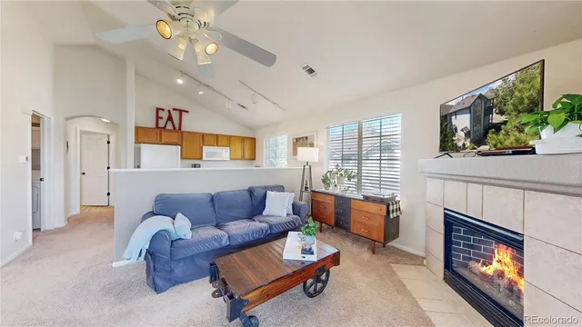 a living room with furniture a fireplace and a flat screen tv