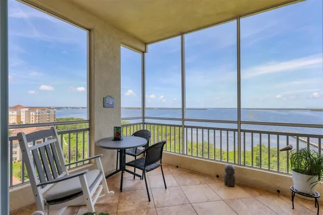 a view of a lake with a garden
