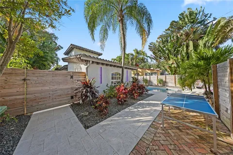 a view of a swimming pool with a back yard