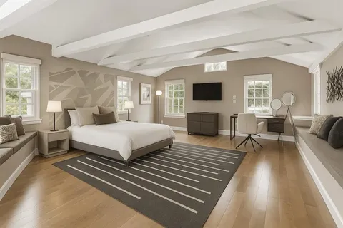 a bedroom with a large bed a flat tv screen and a couch