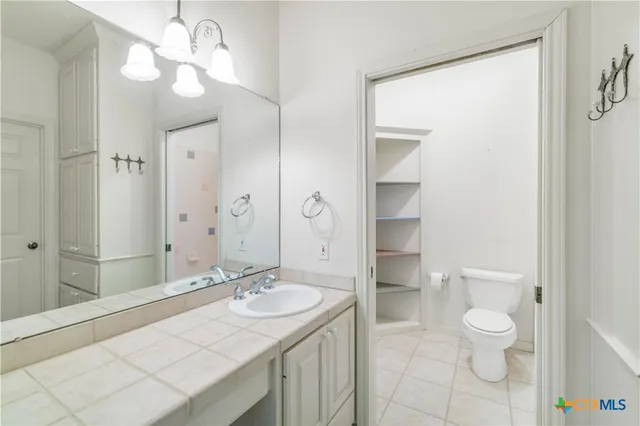 a bathroom with a sink a toilet and a large mirror