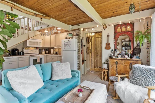 a living room with furniture and a potted plant