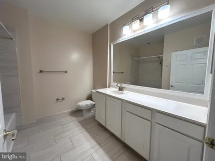 a bathroom with a double vanity sink toilet and a mirror