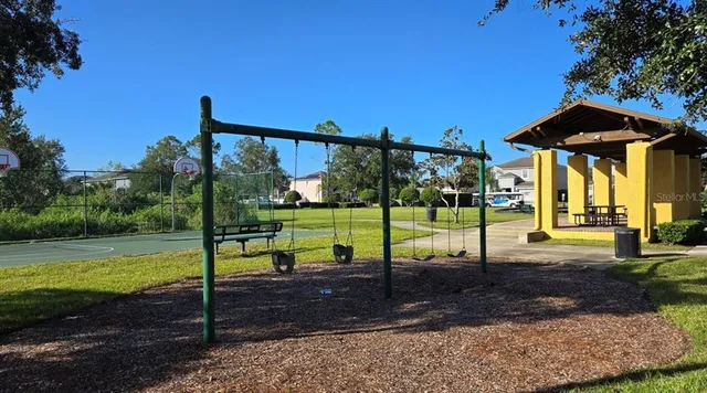 a view of a park with slide