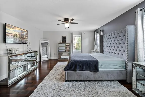 a bedroom with a bed and a flat screen tv