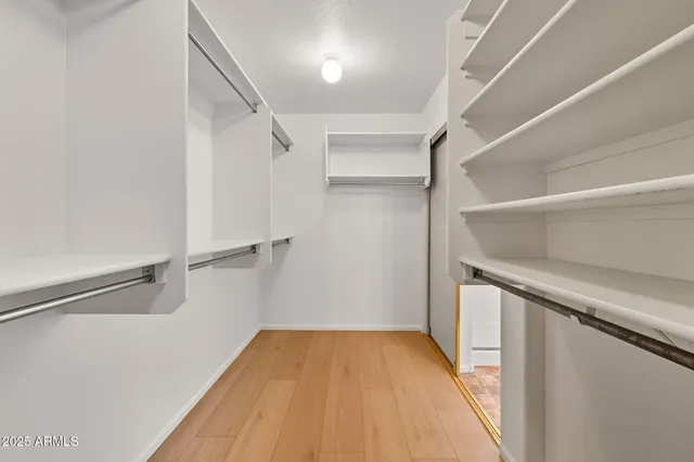 a view of walk in closet with empty racks