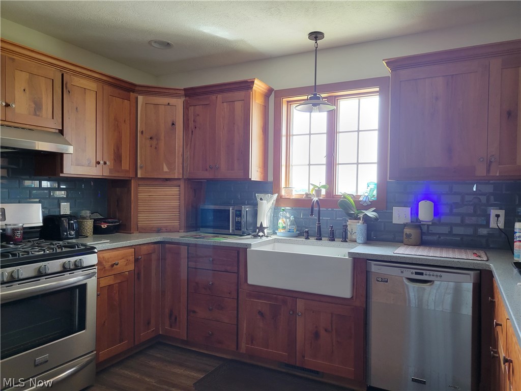 9915 Acme Road Rittman, OH 44270 - Photo 6 of 22 Kitchen with dark wood-type flooring, appliances with stainless steel finishes, decorative backsplash, pendant lighting, and sink
