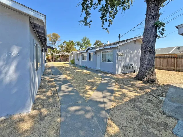 a view of a yard with a large tree