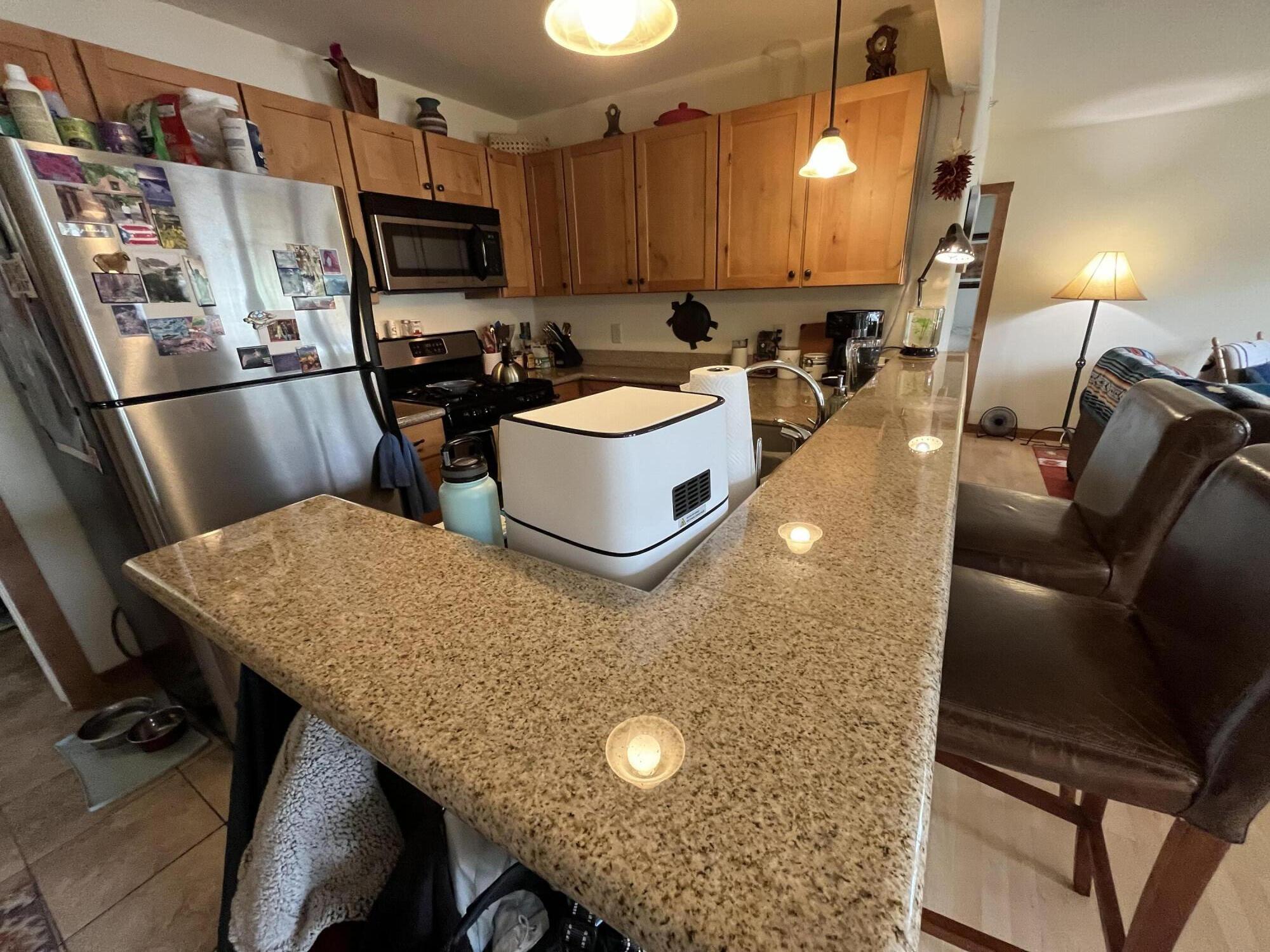540 Redcliff Circle, Unit E104 Ridgway, CO 81432 - Photo 8 of 15 a kitchen with stainless steel appliances granite countertop a sink refrigerator and microwave
