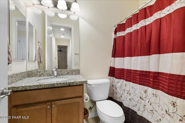 a bathroom with a sink a toilet and shower curtain