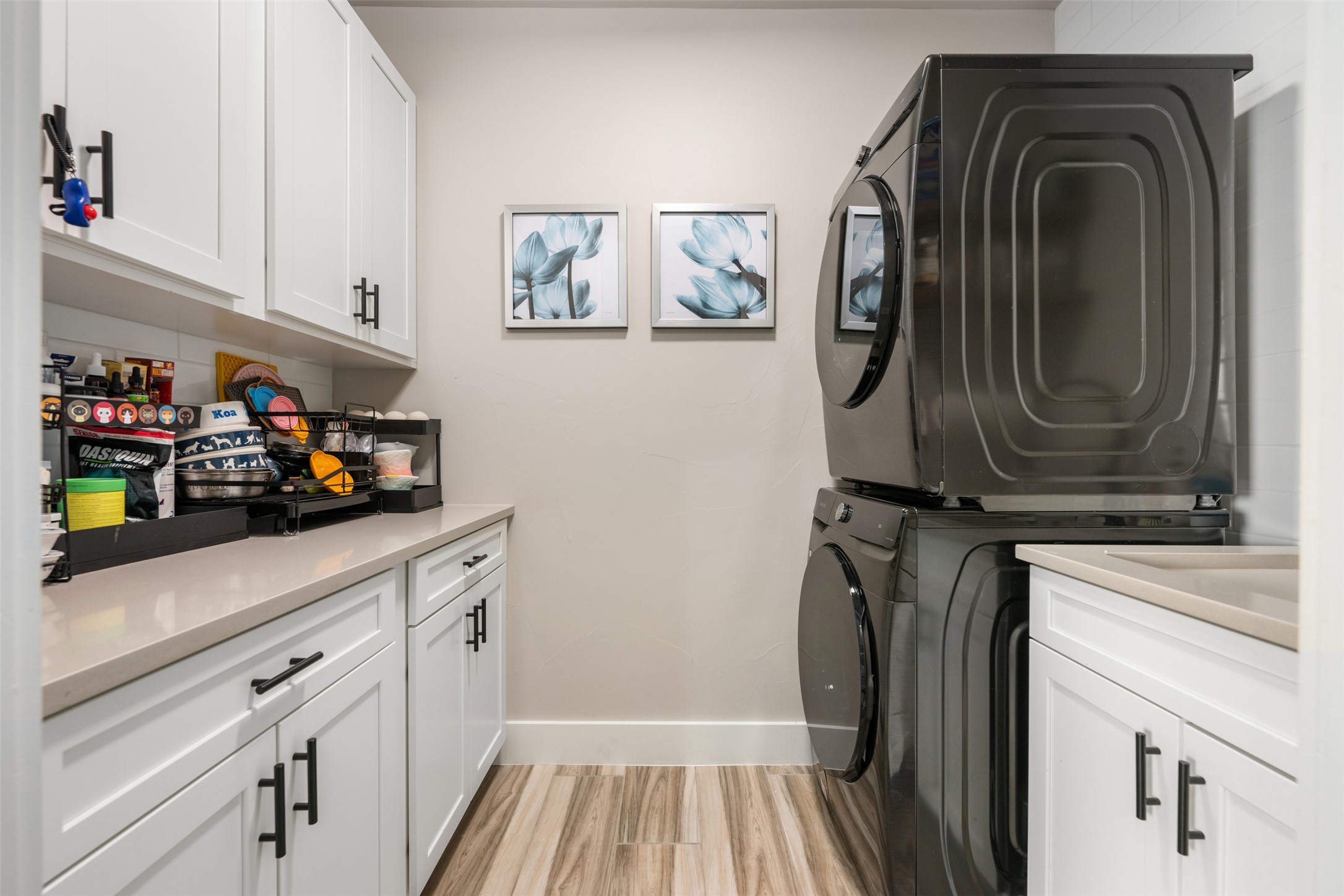 10716 Beach Road Leander, TX 78641 - Photo 12 of 39 Laundry room featuring stacked washing machine and dryer, cabinet space, and light wood finished floors