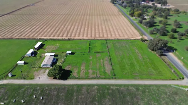 a green field with trees in the background
