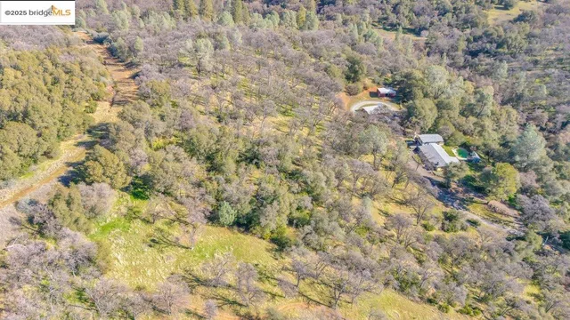 a view of a dry yard with mountains and green space