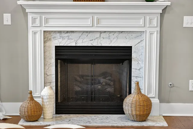 a living room with a fireplace and a potted plant
