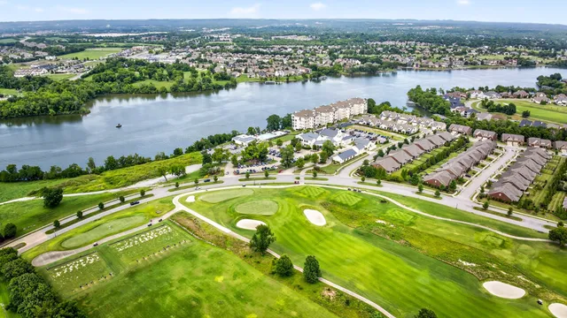 an aerial view of a pool