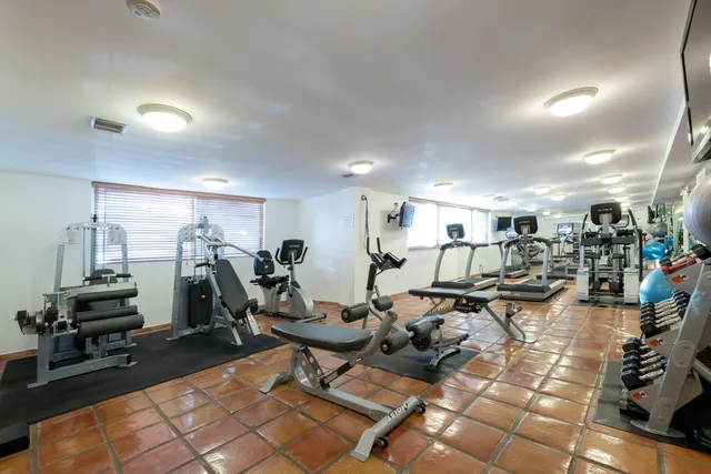 a view of a room with gym equipment and a rug