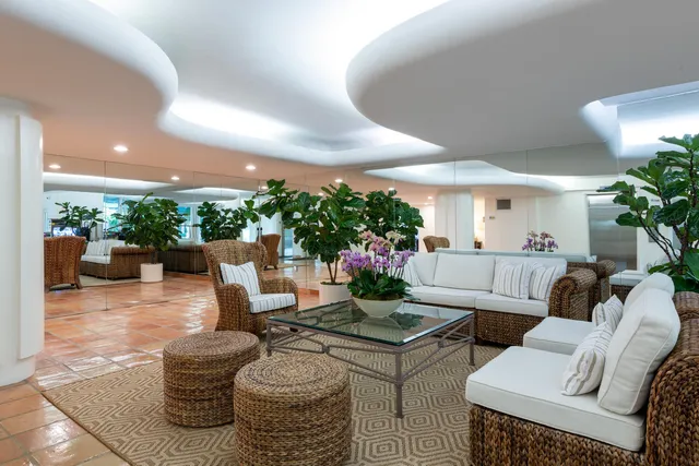 a living room with furniture and a potted plant