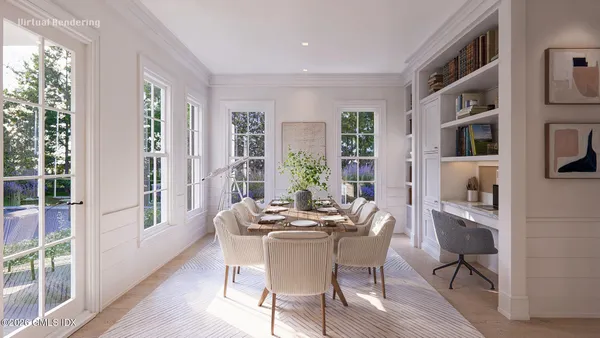 a dining room with furniture window wooden floor and windows