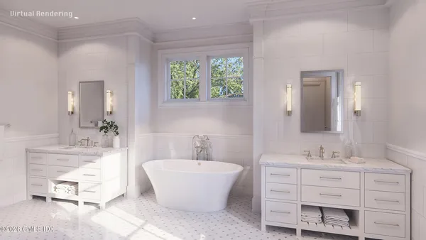 a bathroom with a white tub a double vanity sink a window and a mirror