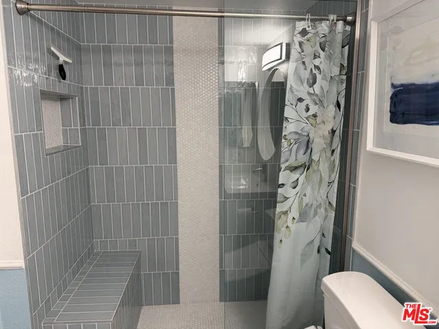 a bathroom with a shower and toilet