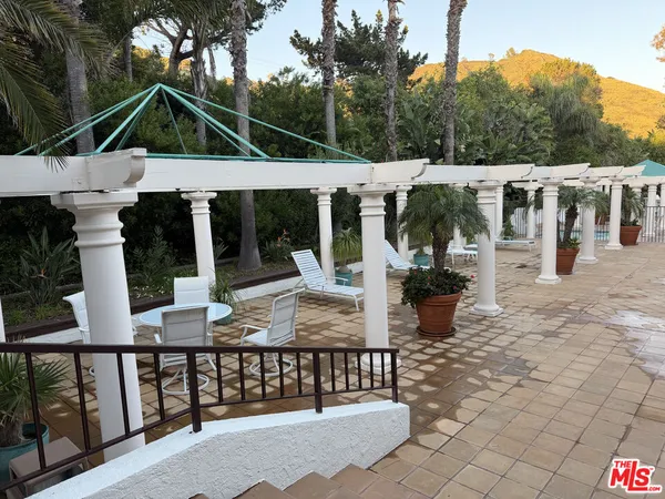 a view of a swimming pool with a patio and plants