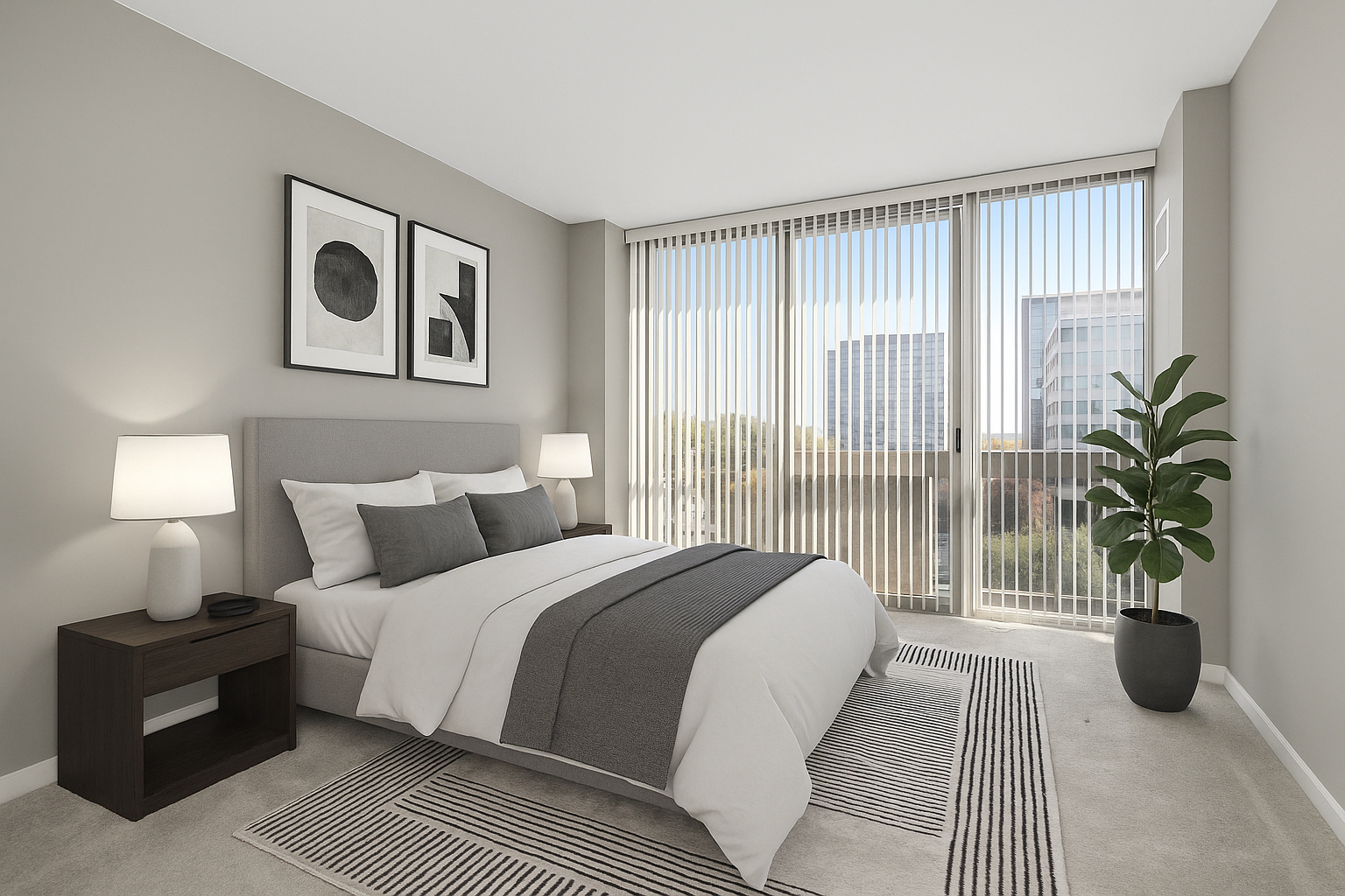 1845 South Michigan Avenue, Unit 808 Chicago, IL 60616 - Photo 3 of 14 a bedroom with a large bed and a potted plant