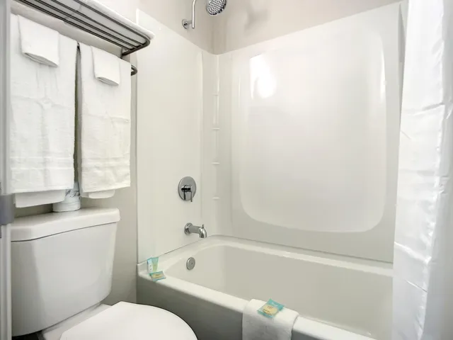 a bathroom with a granite countertop bathtub shower sink vanity and toilet
