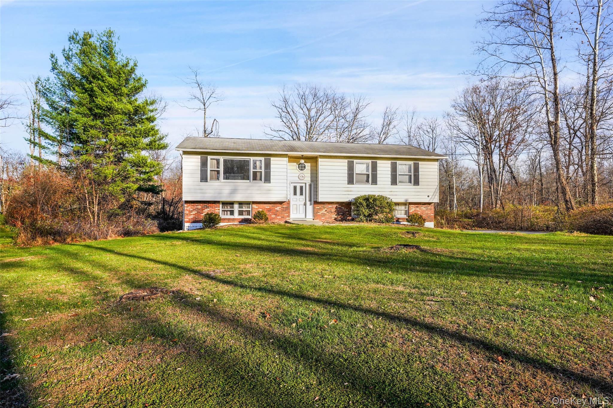 Raised Ranch home featuring brick siding and a front yard