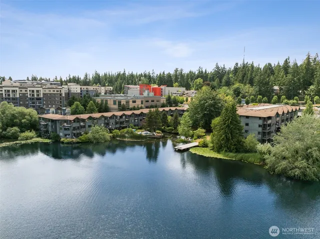 an aerial view of residential houses with outdoor space and lake view