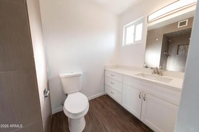 a bathroom with a toilet sink and mirror