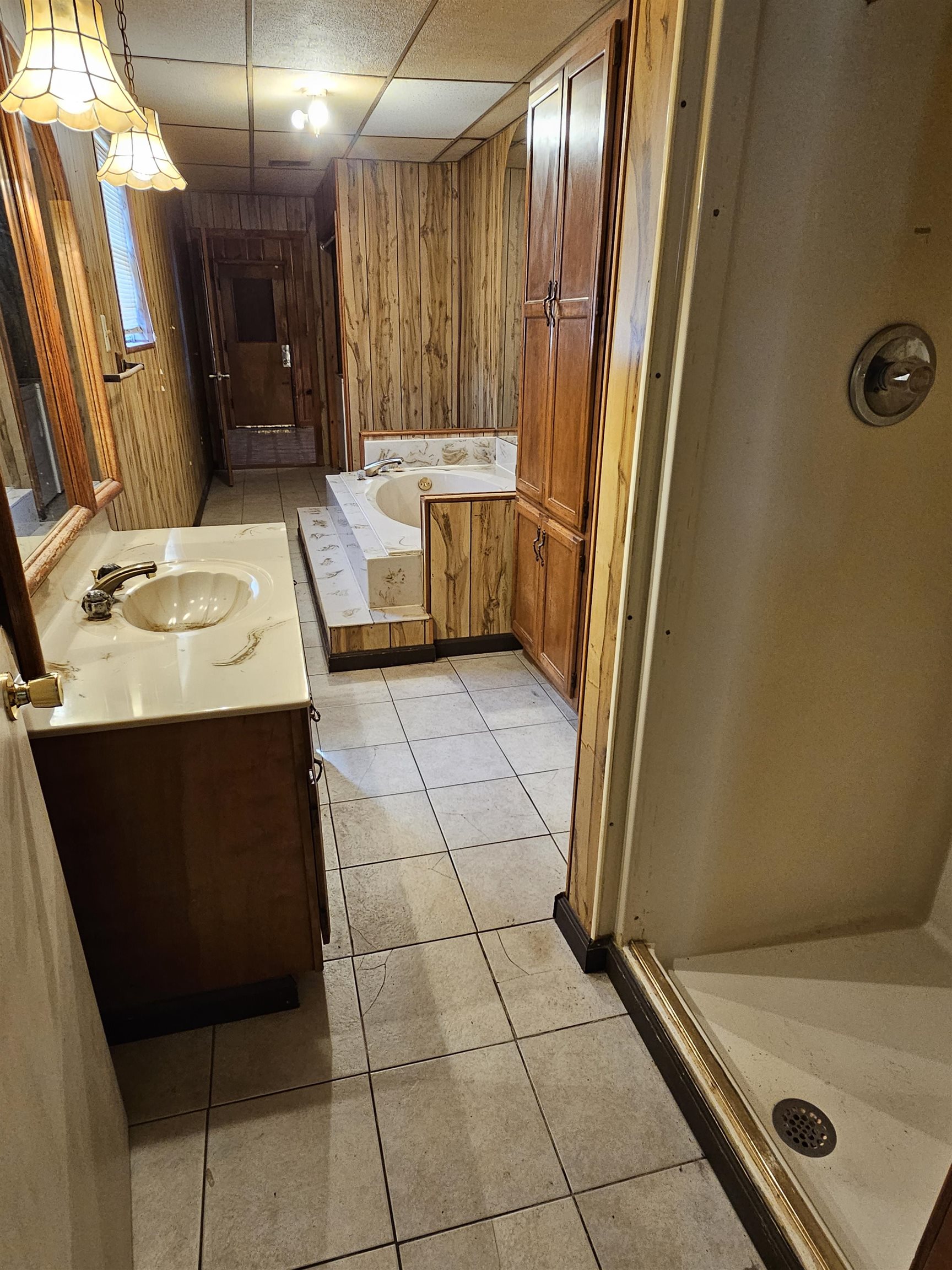 1196 Wells Station Road Memphis, TN 38122 - Photo 3 of 20 Full bath with light tile patterned floors, vanity, a paneled ceiling, a bath, and wood walls