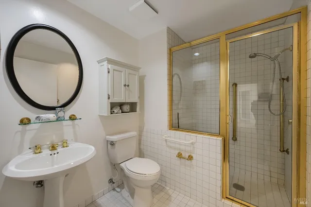 a bathroom with a sink a mirror a toilet and shower