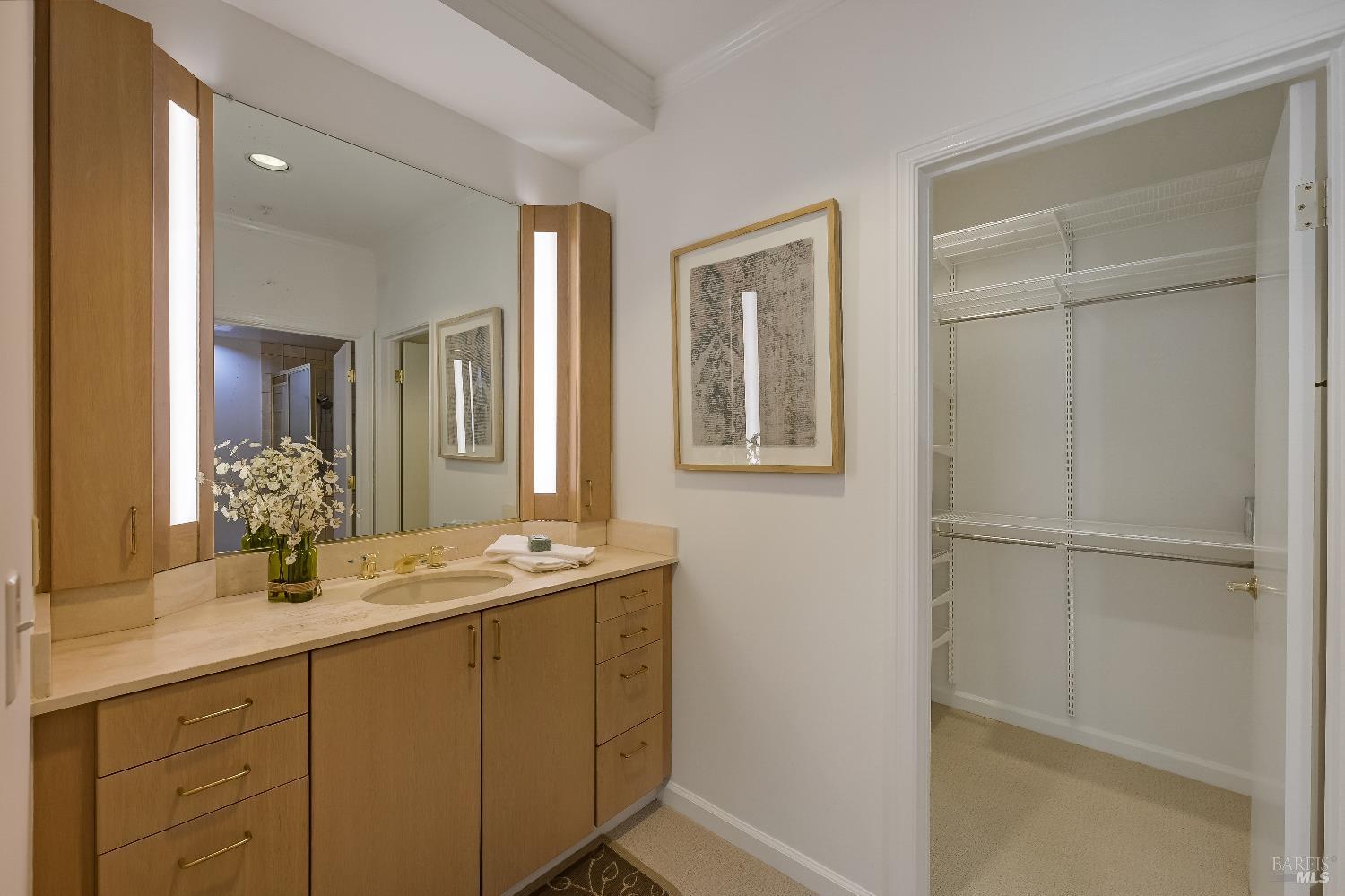 400 Deer Valley Road, Unit 3K San Rafael, CA 94903 - Photo 8 of 24 a bathroom with a double vanity sink and a mirror
